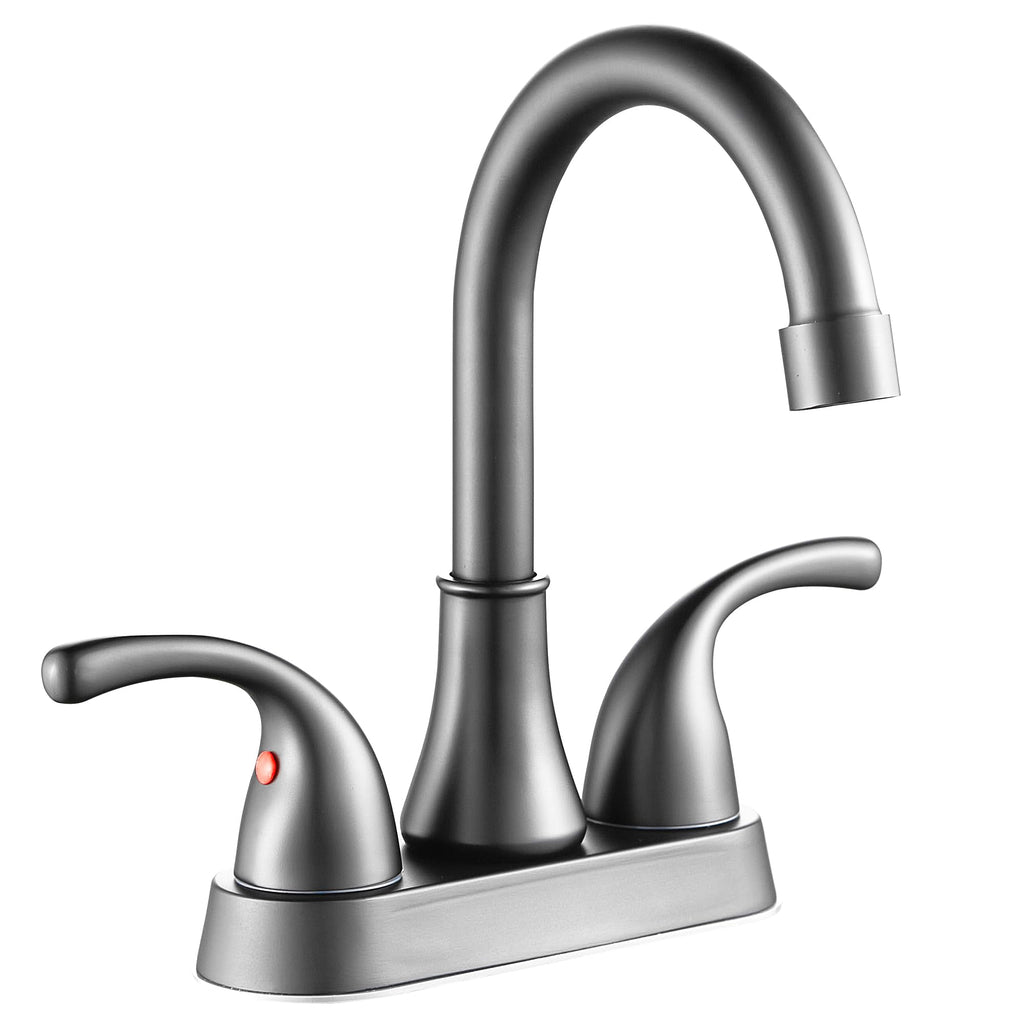 Bathroom Sink Faucet FRANSITON 4 Inch 2 Handle Lead-Free Brushed Grey Bath Sink Faucet with Pop-up Drain Stopper and Supply Hoses