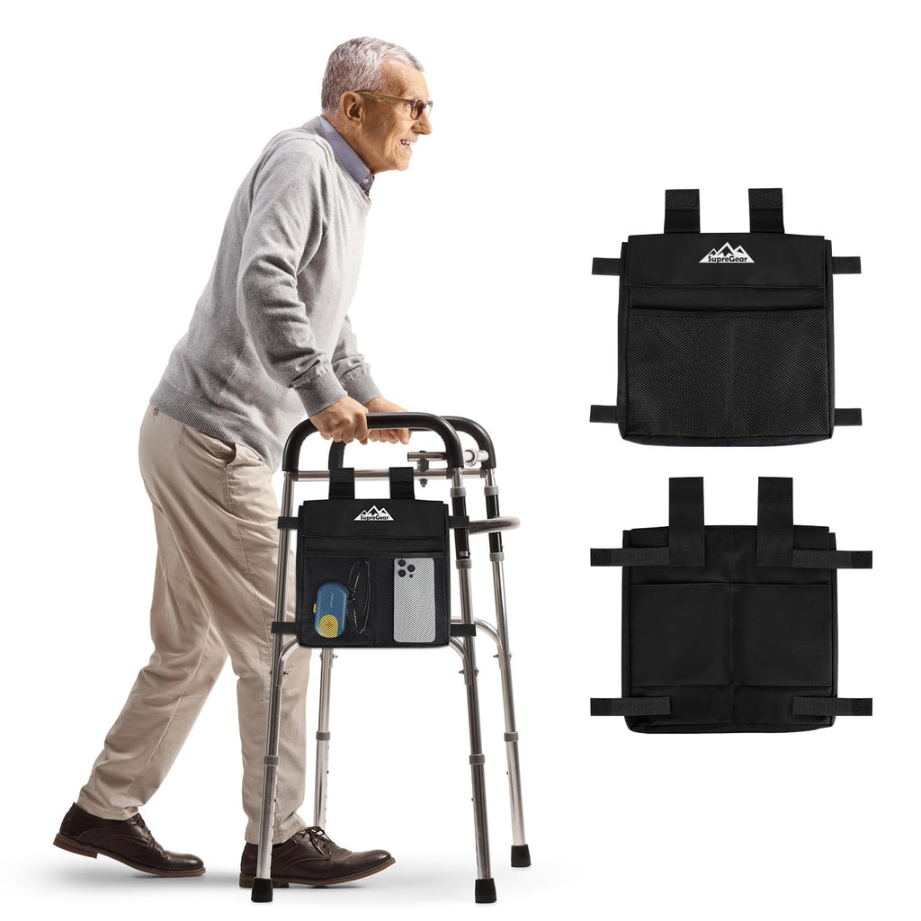 supregear Walker Side Bag, Multi Pocket Storage Pouch for Folding Walker, Water Resistant Lightweight Hand Free Carrier Tote, Universal Size Seniors Caddy Attachment