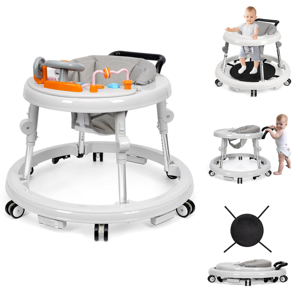 HolyBase Music and Lights Baby Walker Foldable with 9 Adjustable Heights, Baby Walker with Wheels Portable, Infant Toddler Walker for Baby Boy Girls 6-18 Months