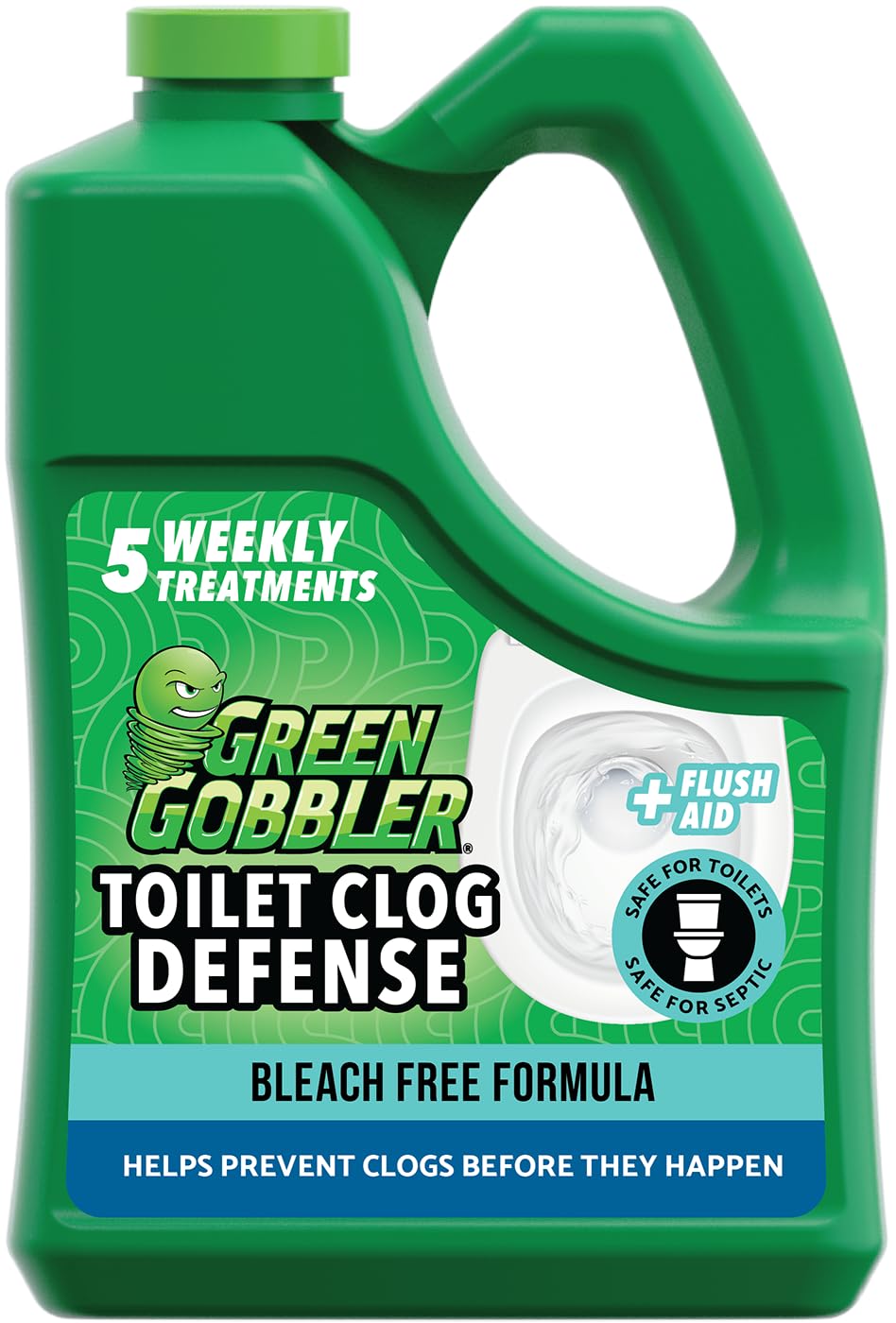 Green Gobbler Toilet Clog Defense - Coats Pipes to PREVENT Toilet Clogs and Improves Flush Performance - Safe for Septic - Great for Old Plumbing, Low & Slow Flow Toilets, 5 Treatments, 60 oz