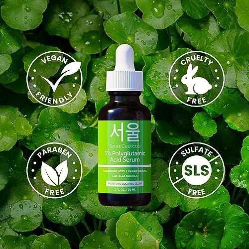 SeoulCeuticals Organic Polyglutamic Acid Serum - Korean Skin Care + Hyaluronic Acid + Centella Asiatica - K Beauty Anti Aging - Healthy Glowing Skin 1oz