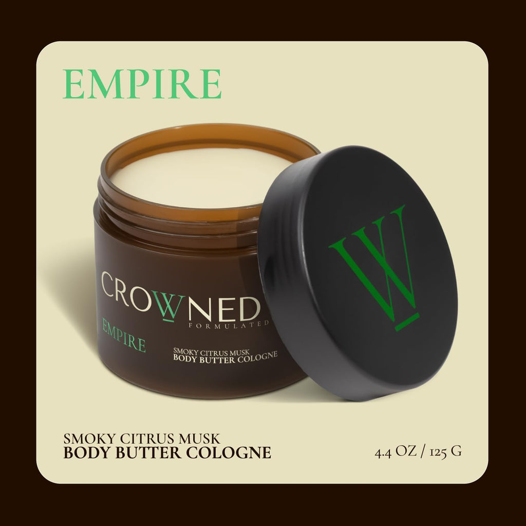Crowned Skin Empire Body Butter Cologne for Men | Smoky Citrus Musk | New Moisturizing Formula Scented with Lemon & Lavender | Infused with Natural Shea & Mango Butters | All-Day Fragrance | 4.4oz
