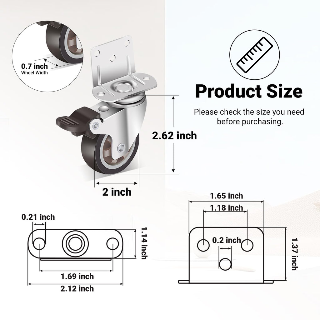 Nefish 2 Inch Side Mount Casters Wheels 12 Pack, L-Shaped Rubber Casters Wheels for Furniture, Plate Castors 2 X 4, Durable Heavy Duty Castor Wheels for Cabinet, Boxes, DIY, Desk, Table, Crib