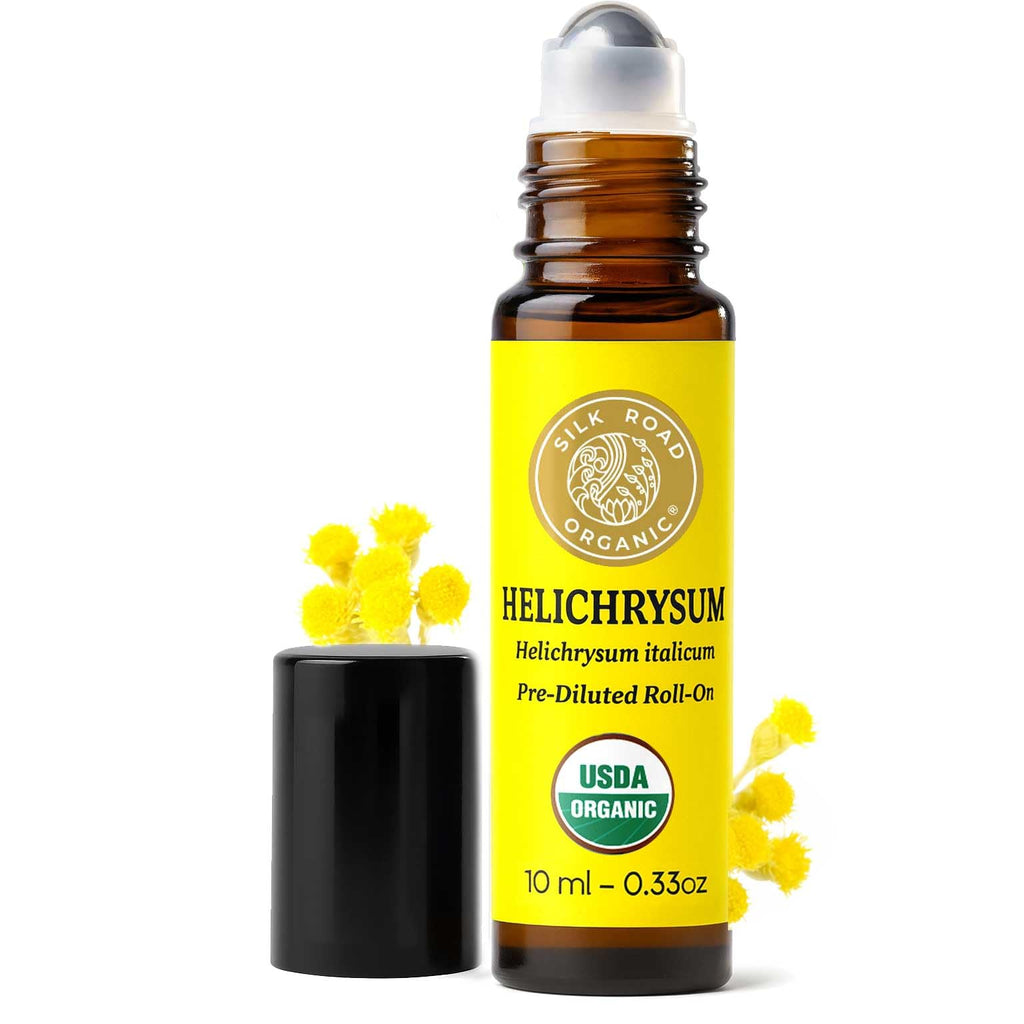 Silk Road Organic Helichrysum Italicum Essential Oil Roll on for Skin Care, Wrinkles, Scars, Bruises - USDA Certified Immortelle Oil 10ml Aromatherapy Roller - Always Pure, Always Organic