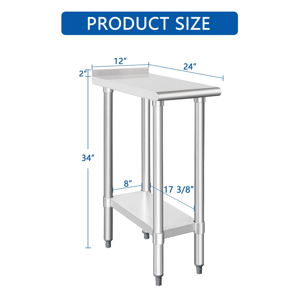 HARDURA Stainless Steel Commercial Work Table Prep Work Metal Table 24×12 Inches with Undershelf and 2" Backsplash Heavy Duty NSF 430 for Kitchen Food Prep