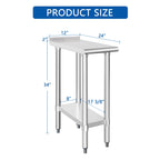 HARDURA Stainless Steel Commercial Work Table Prep Work Metal Table 24×12 Inches with Undershelf and 2" Backsplash Heavy Duty NSF 430 for Kitchen Food Prep