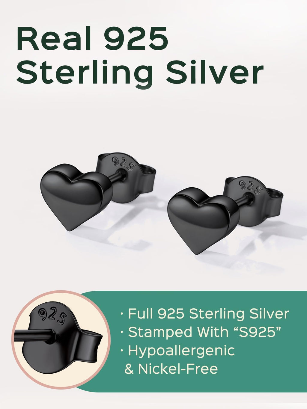 ChicSilver Black Heart Earrings for Women Sterling Silver Heart stud Earrings Hypoallergenic Black Earring 7MM