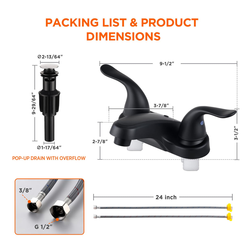 Bathroom Sink Faucets 2/3 Hole,Matte Black Dual Handles 4 inch Plastic Plating Over Bathroom Faucet with Pop-up Drain and 2 Supply Hoses for Apartment Rvs Sink Vanity
