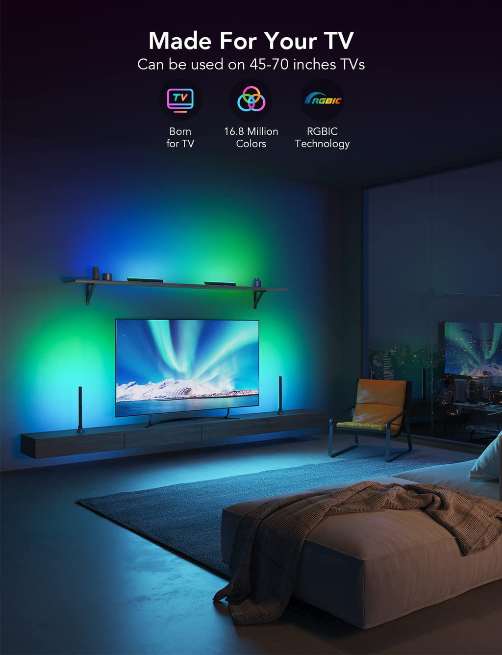 Govee RGBIC Light Bars, 15 Inches WiFi TV Backlight Suitable for 45-70 inch TVs, Smart Light Bars with Multiple Placement Options, Work with Alexa and Google Assistant, Black