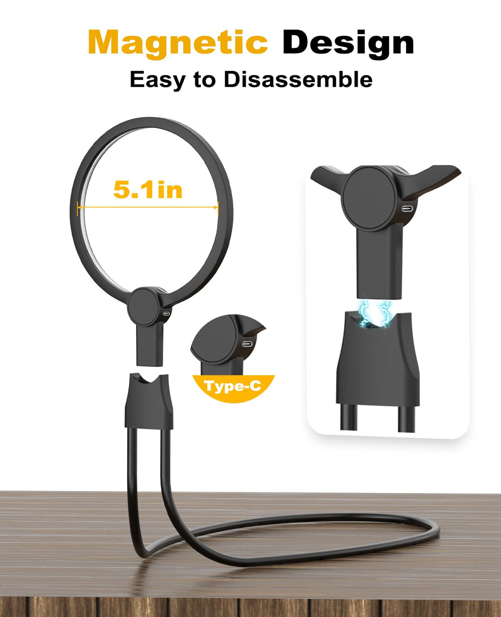 5X Hands Free Magnifying Glass with Light for Close Work,Neck Wear Magnifier for Reading Books,Sewing, Cross Stitch.Low Vision Seniors with Aging Eyes(Black)