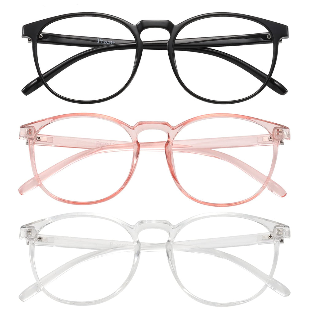 Przene 3 Pack Blue Light Blocking Glasses Women/Men,Retro Round Computer Glasses Anti Eye Strain/UV/Glare, Gaming Glasses. (Black/Crystal/Pink)