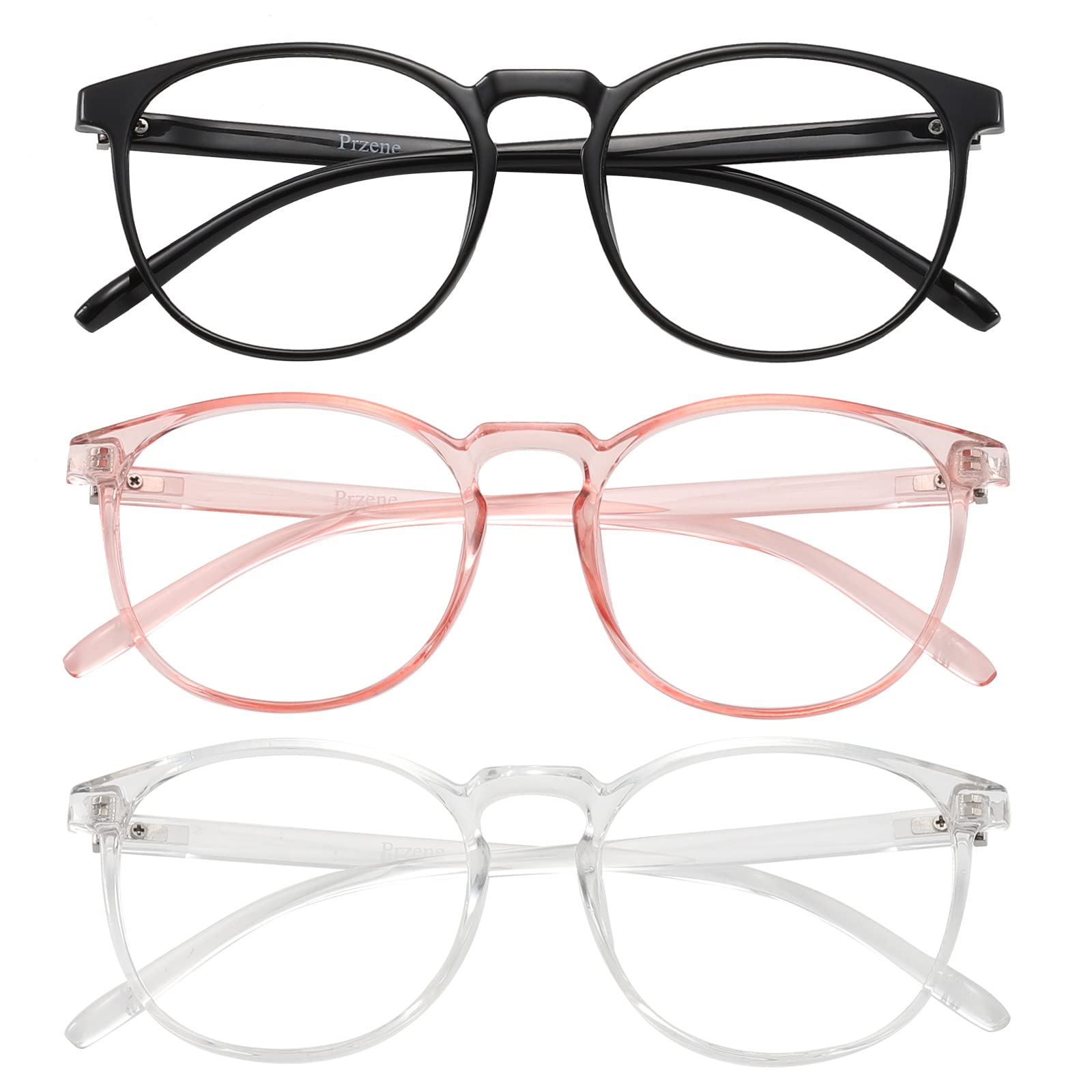 Przene 3 Pack Blue Light Blocking Glasses Women/Men,Retro Round Computer Glasses Anti Eye Strain/UV/Glare, Gaming Glasses. (Black/Crystal/Pink)