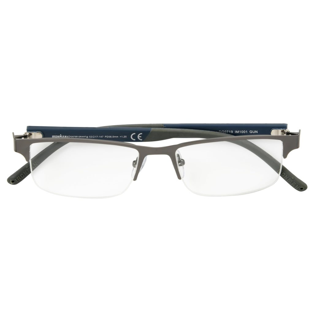 Foster Grant IRONMAN Men's Momentum Rectangular Reading Glasses, GUNMETAL, 2x