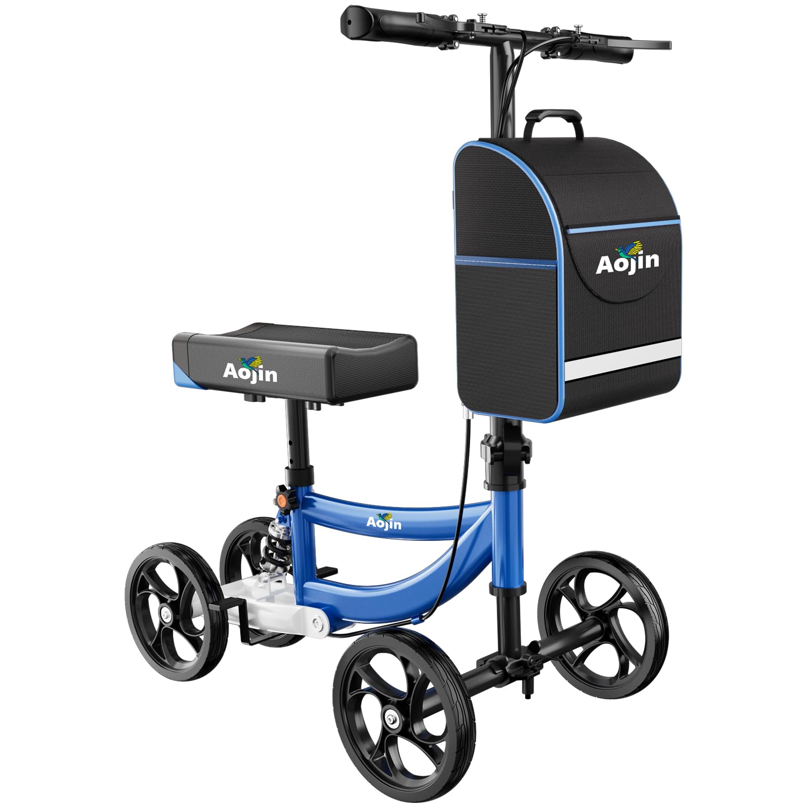 Aojin Knee Scooter for Adults for FootInjuries, 300lbs Capacity, All Terrain Foldable Knee Scooter Walker with Bag, 13" Wide Pu Seat, Compact Crutches Alternative (Blue)