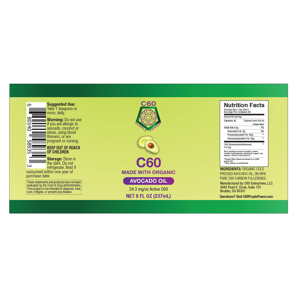 C60 Power C60 in Organic Avocado Oil - Natural Wellness & Antioxidant Support for Men & Women, 99.99% Pure Carbon Fullerenes, Promotes Energy, Mental Clarity, & Stamina - 8 fl oz Bottle