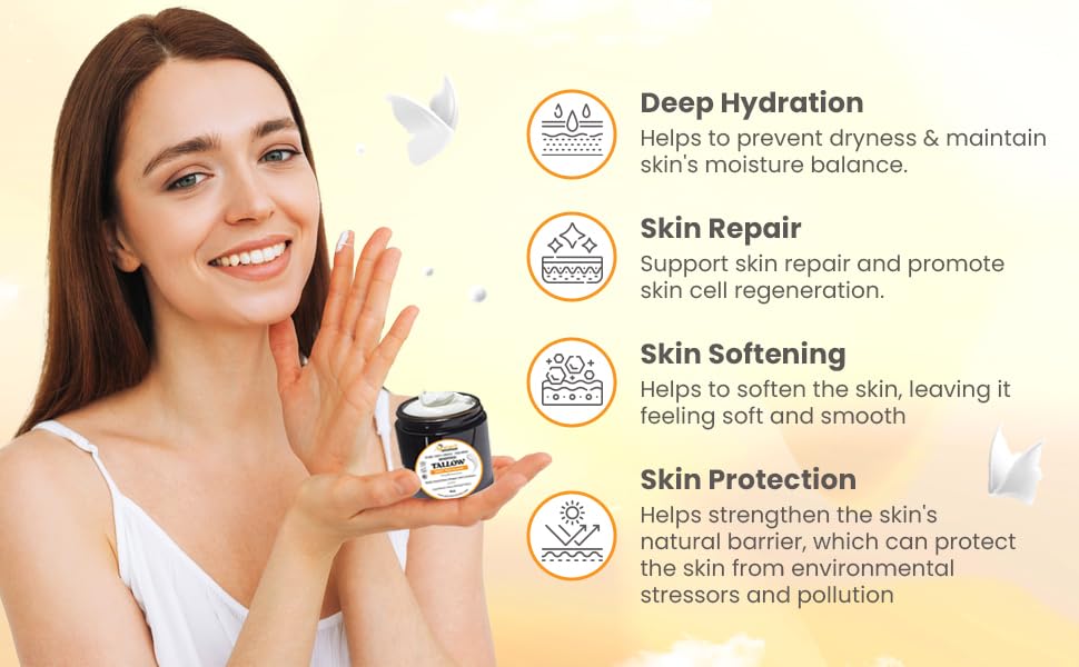 100% Pure Whipped Tallow Cream - Organic tallow skincare handmade grass fed beef tallow balm for skin Butter- tallow Face Body eczema| Tallow skincare cream-4 floz (UNSCENTED)
