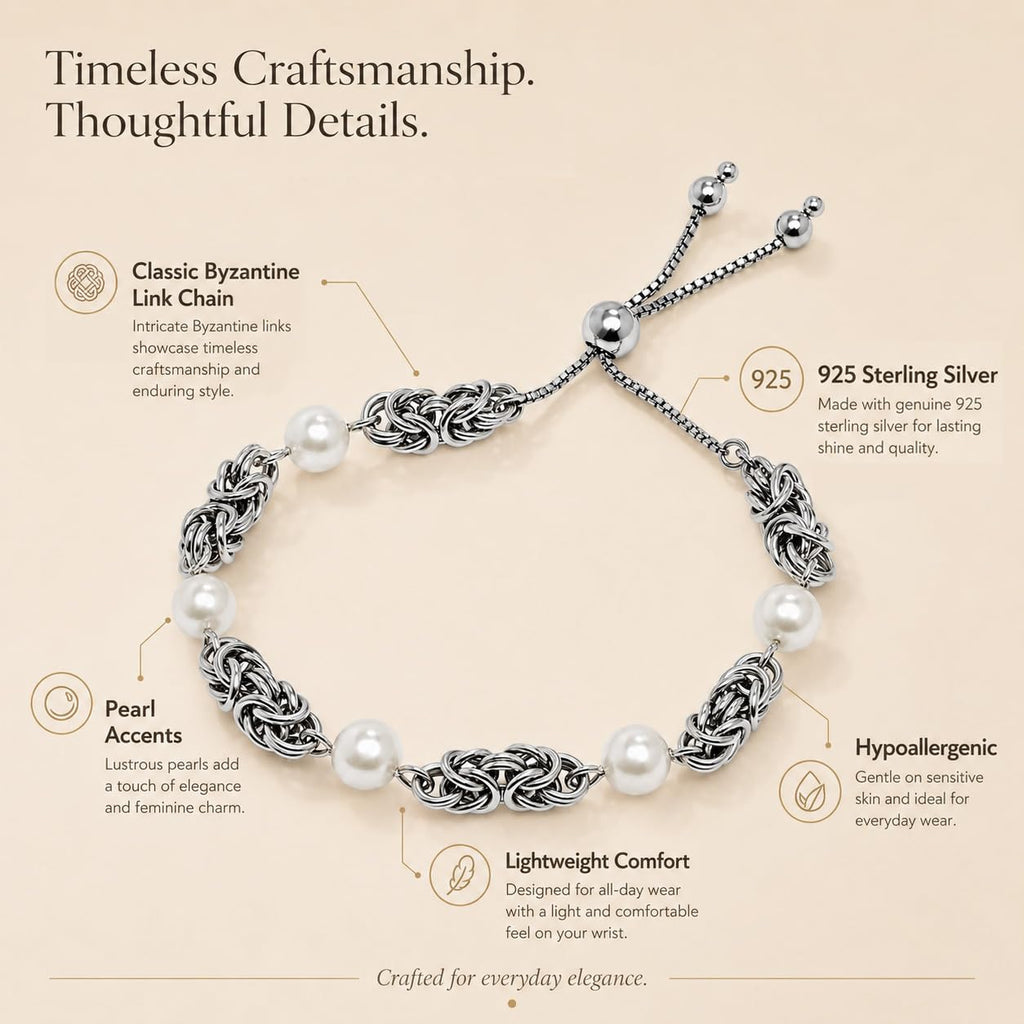 LeCalla 925 Sterling Silver Byzantine Bracelet Jewelry Italian Rhodium Plated Simulated Pearl Beaded Sliding Bolo Bracelet for Women