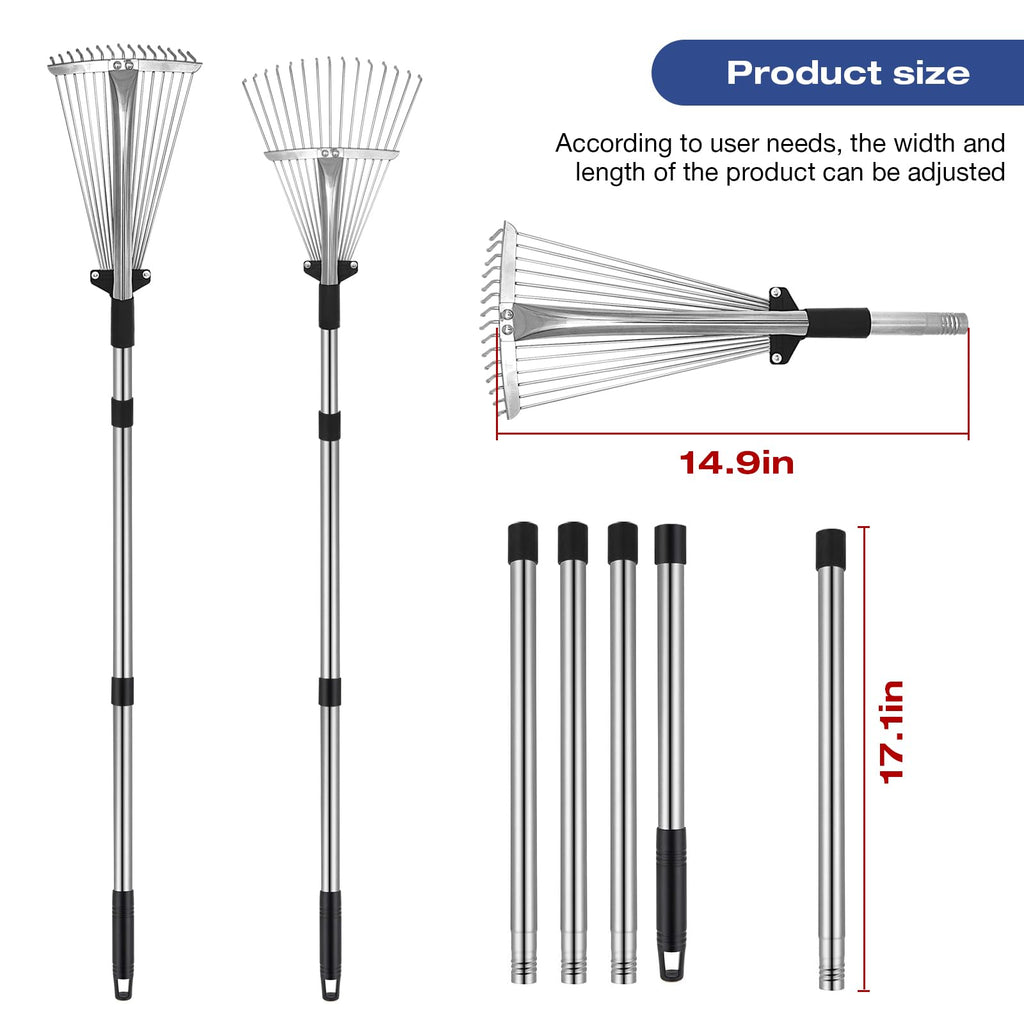 PEAKCLOUDS Adjustable Metal-Leaf Rake with Telescopic Handle - Lawn & Garden Tool for Grass, Leaves & Shrubs - Heavy Duty Yard Rake for Adults, Women & Kids