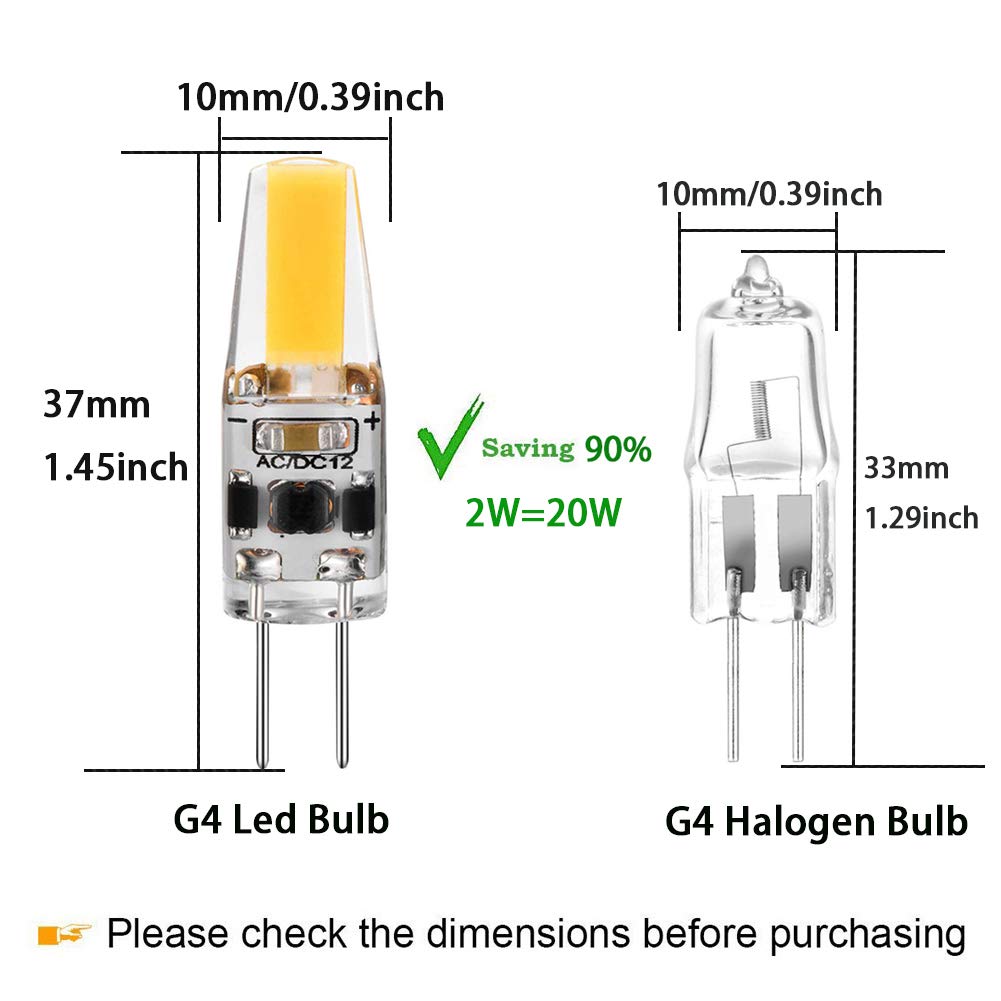G4 LED Bulb 2W Equivalent to 20W T3 JC Type Bi-Pin G4 Base Halogen Bulb, AC/DC 12V Daylight White 6000K G4 Bulb for Under Cabinet Light, Ceiling Light, RV, Boats, Outdoor Landscape Lighting (10 Pack)