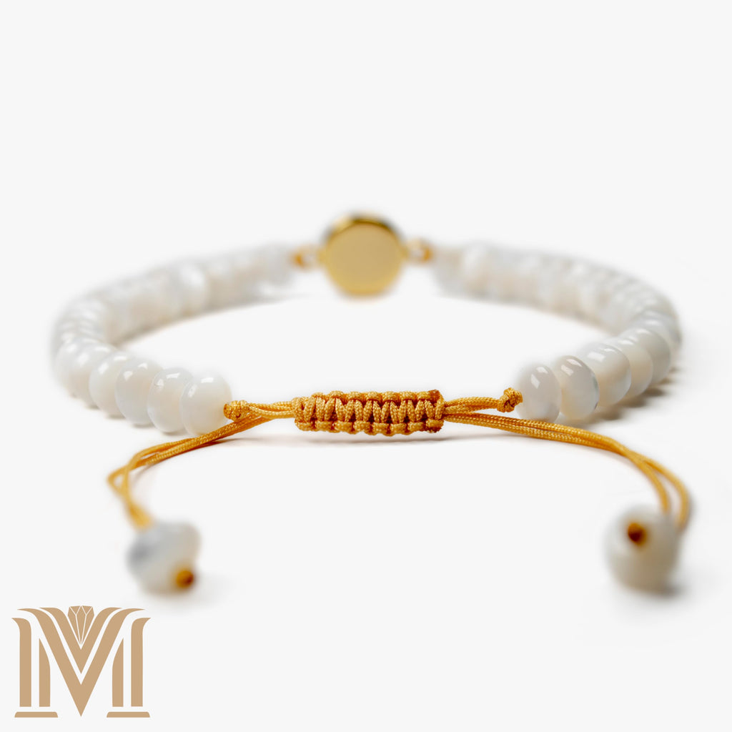 Mana Gallery Handmade Evil Eye Bracelet – White Mother of Pearl Beads with Gold-Plated Blue Eye Charm – Adjustable Macramé Cord – Protective Jewelry Gift for Women (Evil Eye Bracelet)