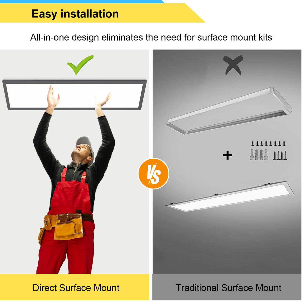 AIKVSXER 2PACK 1x4 LED Flat Panel Light Surface Mount Ceiling Light Black, 5500LM 50W TRIAC 10-100% Dimmable, 3000/4000/5000k Selectable 120V LED Light Fixture for Kitchen/Laundry/Garage
