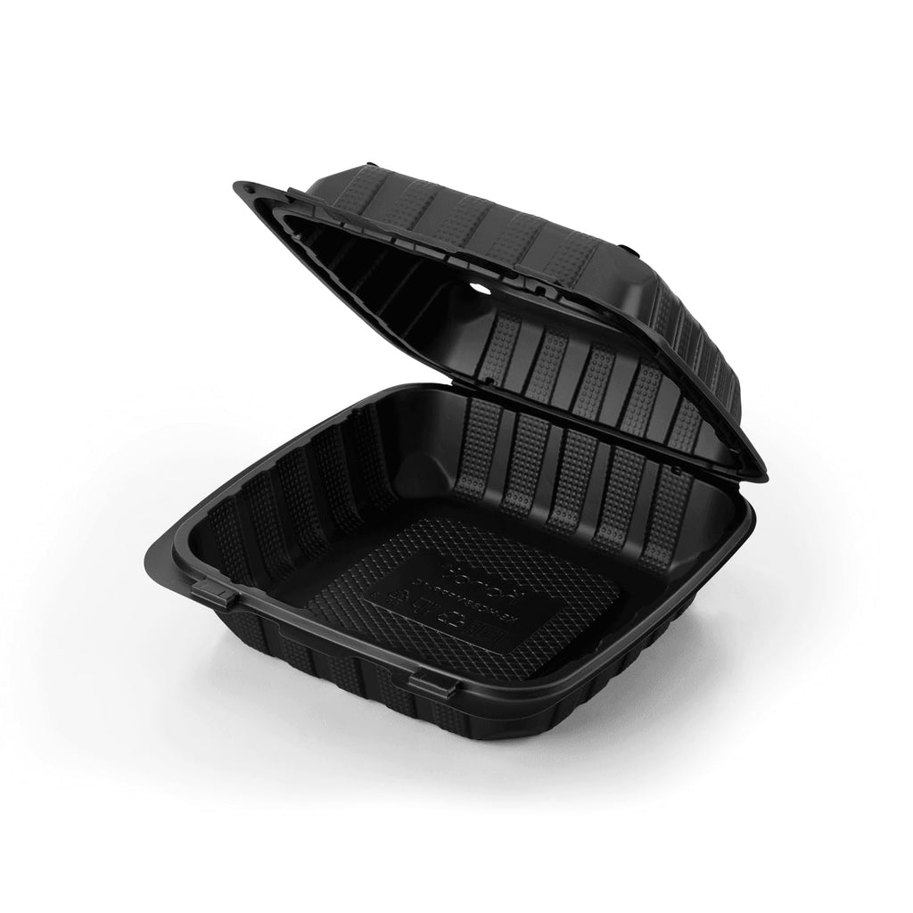KARAT EARTH Clamshell Take Out Food Containers [8"x8" - 200 ct] To Go Containers | 3 Compartment, Soak-Resistant, Durable, Stackable | Vented for Hot/Cold Foods, Black