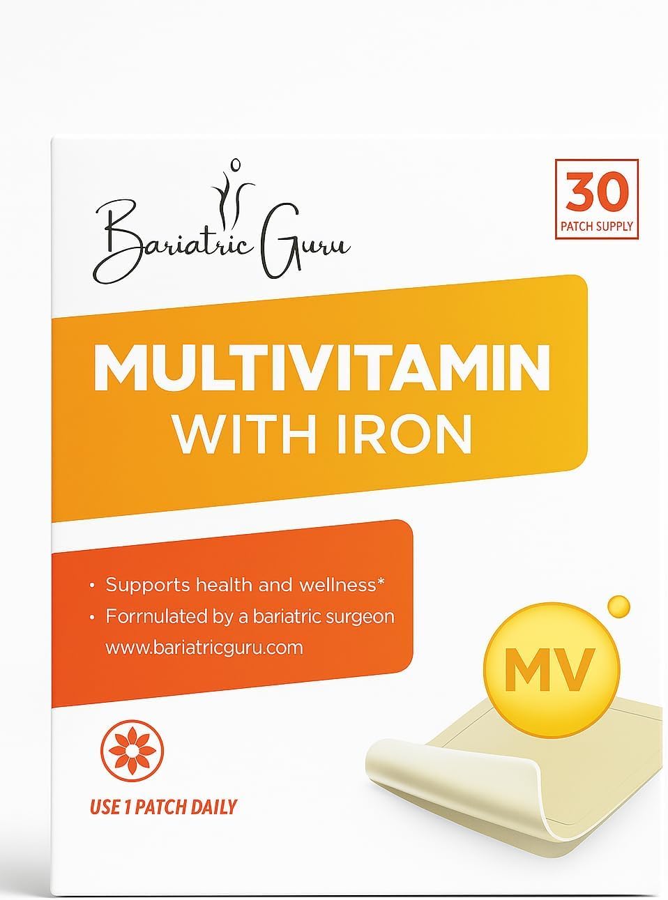 Bariatric Guru Multivitamin + Iron Supplement Transdermal Patch – Daily Vitamin & Mineral Supplement with B Complex, Vitamin D3, Calcium, Magnesium, Iron and Essential Nutrients - 30 Patches