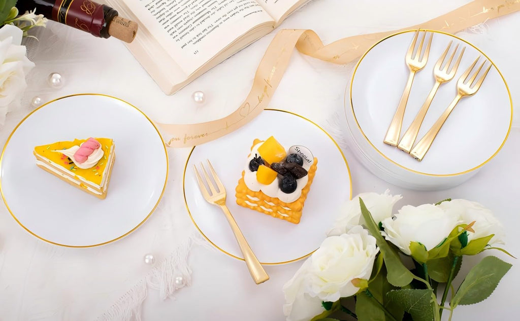 Festiva 200Pcs Gold Dessert Plates 6.3" with Forks 5"- Small Disposable Dessert/Cake/Appetizer Plates Plates- serve 100 guests include 100Plates 100Forks for Wedding Party&Thanksgiving&Christmas