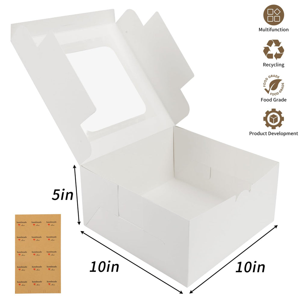 Moretoes 24pcs Cake Boxes, 10x10x5 Inches White Square Bakery Boxes with Window Cajas Pasteles for Cake, Mother's Day, Pastries, Chocolates, Cookies, Pie, Birthday Party, Wedding, Graduation