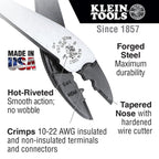 Klein Tools 1005 Cutting/Crimping Tool, Made in USA, Cutter/Crimper for 10-22 AWG Terminals and Connectors, Crimper for Insulated and Non-Insulated Terminals