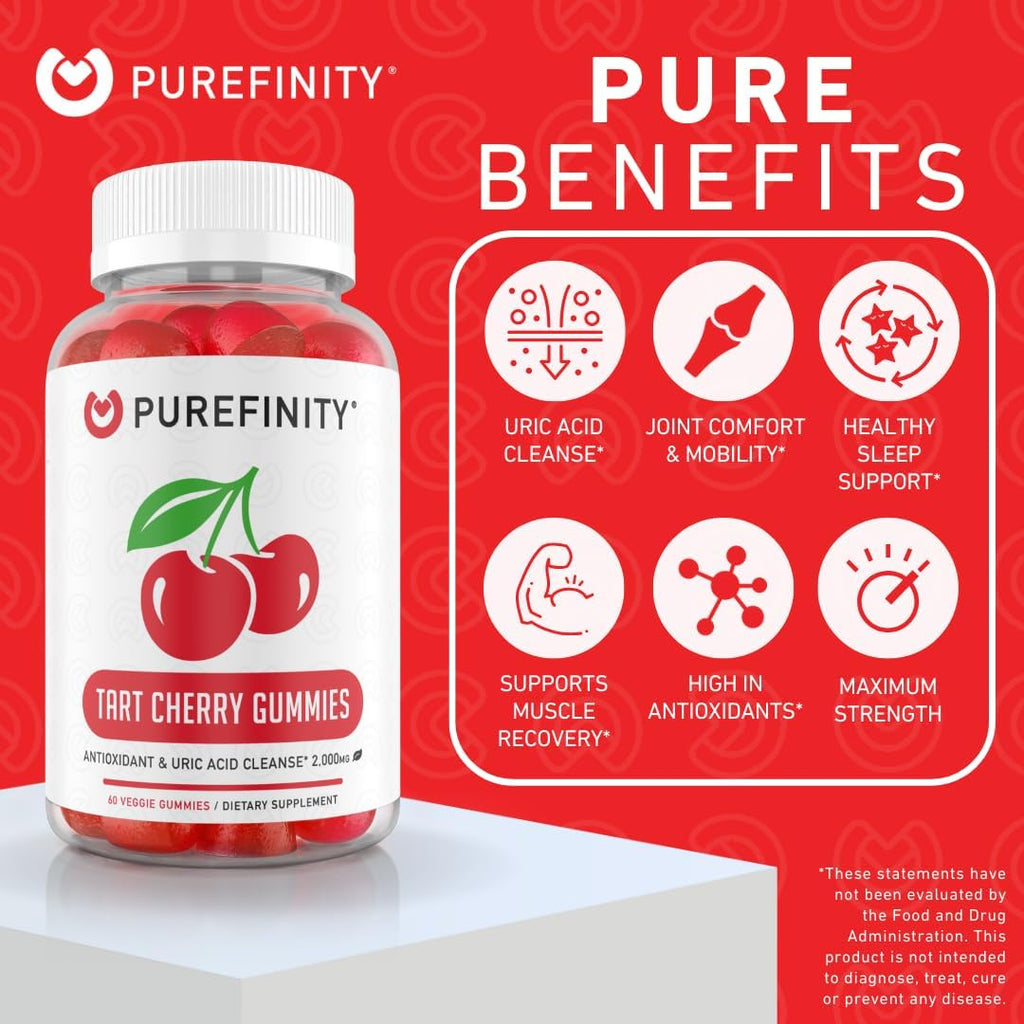 PUREFINITY Tart Cherry Gummies – Uric Acid Flush for Joint Relief & Recovery, Raw Juice Extract Antioxidant – Non-GMO, Gluten Free, Vegan, 60 Count (Pack of 2)