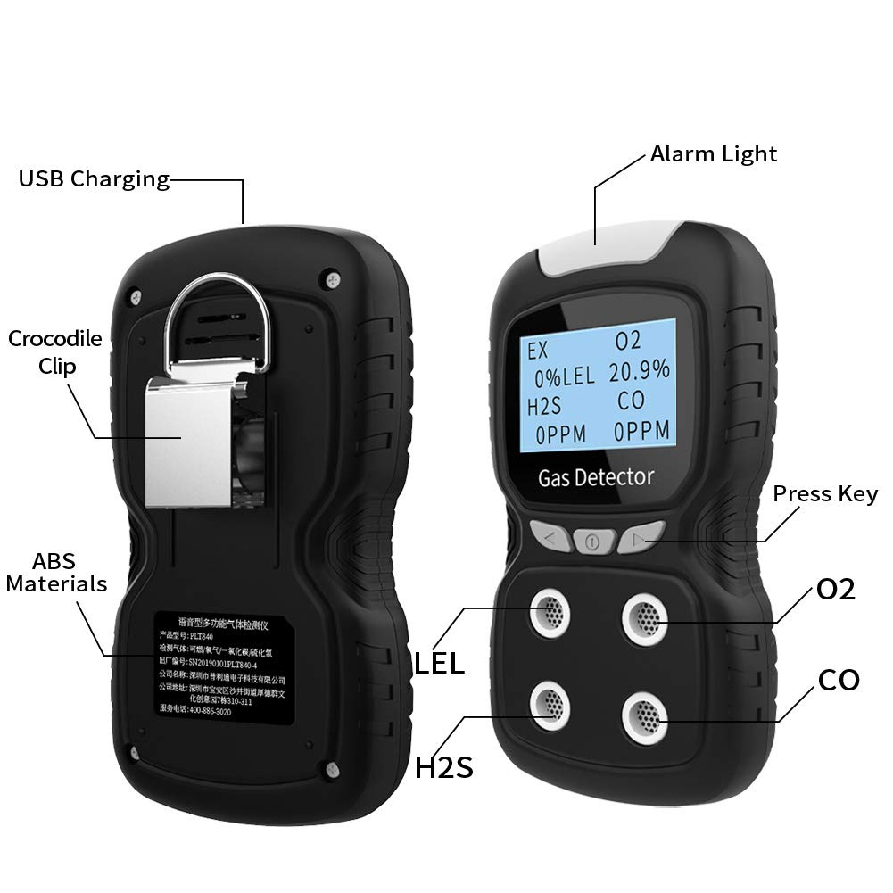 XLA Alert Portable Gas Detector, Gas Clip 4 Gas Monitor Meter Tester Analyzer, Rechargeable LCD Display Sound Light Shock Air Quality Tester, 2 Year Detector…