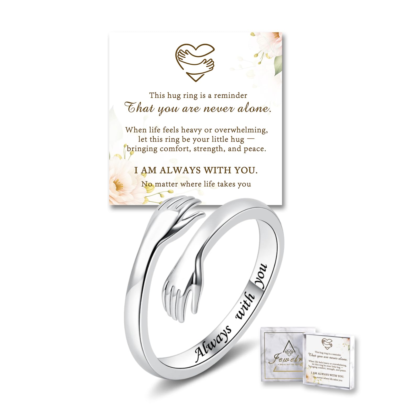 Sterling Silver Hug Ring for Women Teen Adjustable Love Promise Ring Inspirational Friendship Open Ring Hope Love Heaven Promise Friendship Rings Mothers Day Birthday Gift for Daughter Granddaughter Mom Wife Best Friend