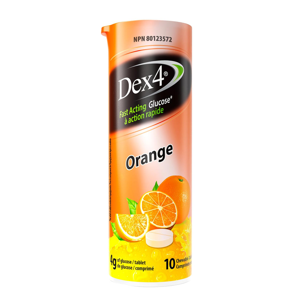 Dex4 Glucose Tablets, Orange, 12-Pack of Dex4 Tubes, 10 Tablets in Each Tube, Each Tablet Contains 4g of Fast-Acting Carbs
