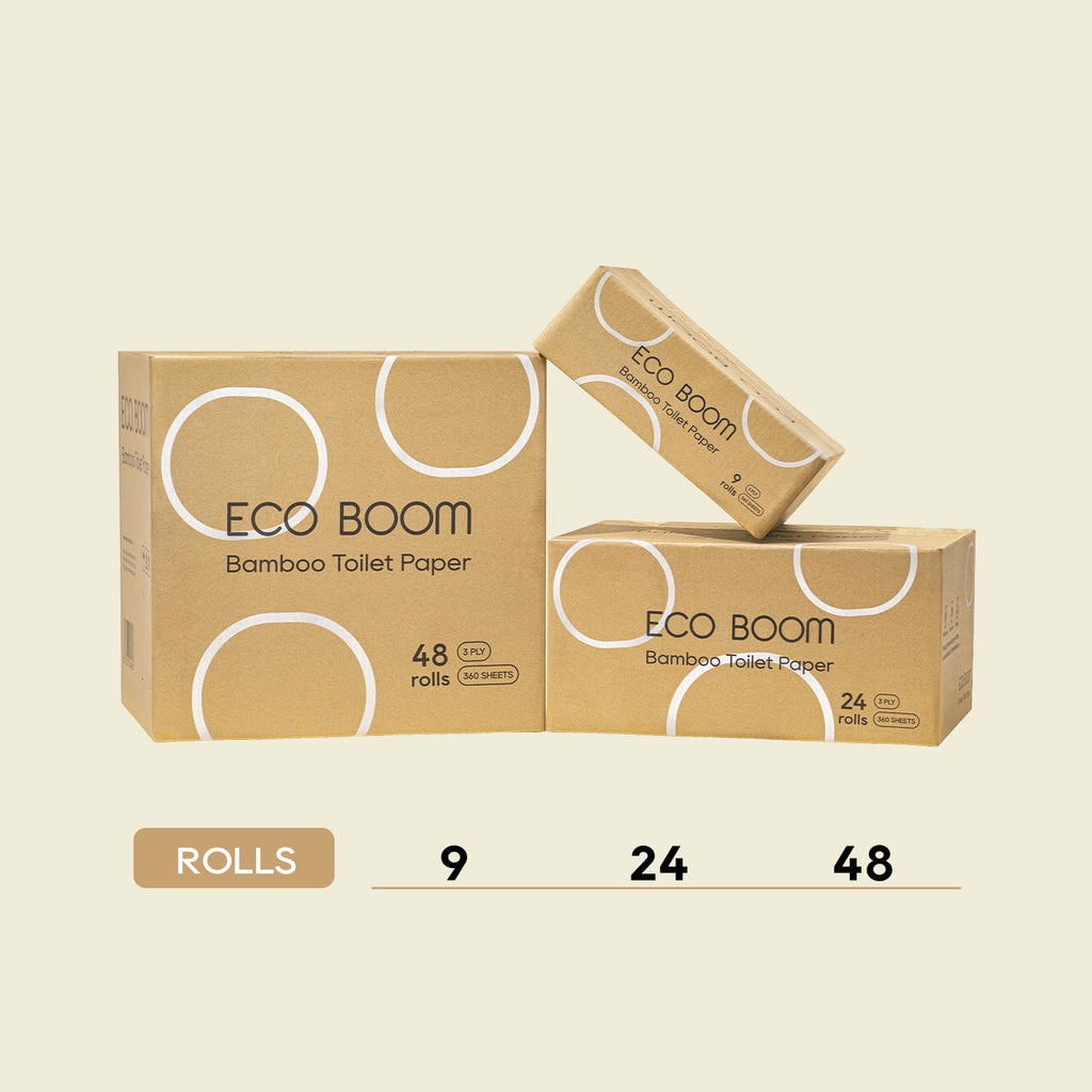 ECO BOOM Unbleached Bamboo Toilet Paper, 100% Tree-Free & Plastic-Free, 3-Ply Strong, FSC Certified, Unscented, 9 Rolls, 360 Sheets | PFAS Free, BPA Free & Septic Safe