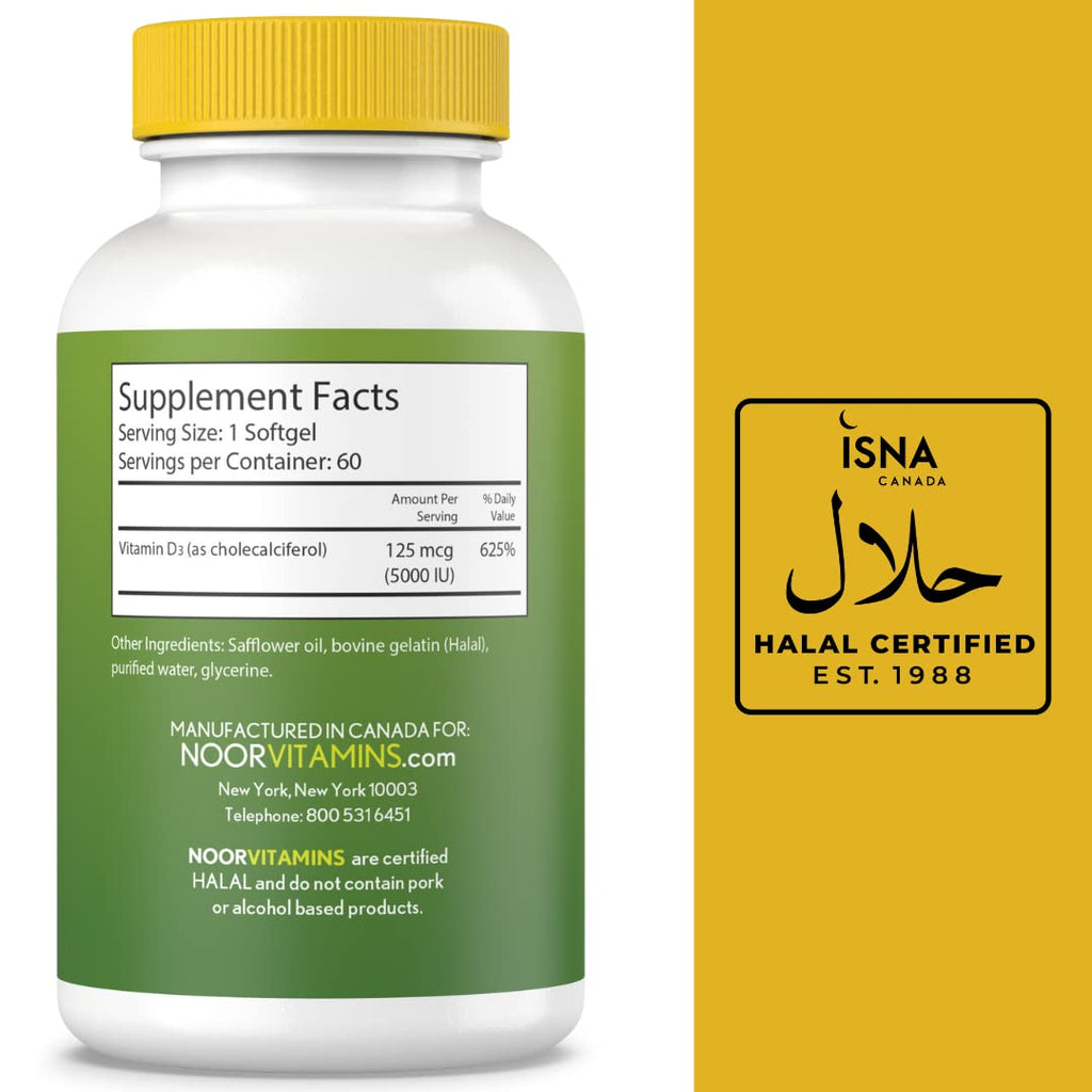 Noor Vitamins Halal Vitamin D, Halal Vitamin D3, 5000 IU Softgels, Supports Bone, Immune & Heart Health, from Safflower Oil to Maximize Absorption, Non-GMO, Gluten Free & Halal (60 Count)…