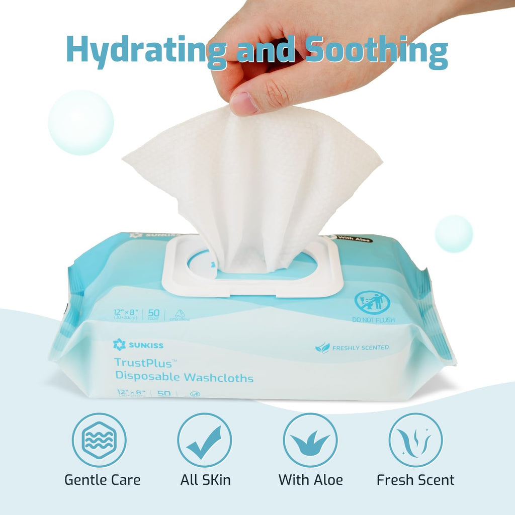 SUNKISS Trustplus Wet Wipes for Adult No Rinse, Extra Large 8”x12” Body Cleaning Washcloths for Elderly Incontinence & Cleansing, Fresh Scented, 200 Count (4 Packs of 50)