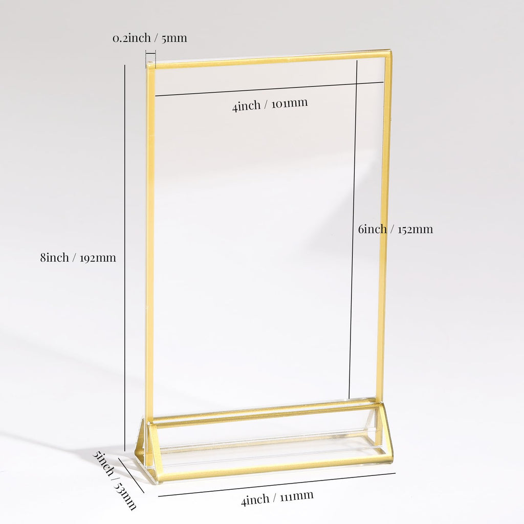 UNIQOOO Acrylic Sign Holders with Golden Border, Portrait View, Pack of 12 | 4x6 Inches Double Sided Clear Frame, Perfect for Wedding reception, Centerpiece, Decoration, Party,Anniversary, Event
