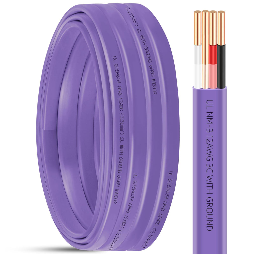 NM-B 12/3 Wire with Ground,25ft 12 Gauge 3 Conductor Electrical Wire,12 AWG Solid Copper Indoor W/G NMB Cable,12/3 Non-Metallic Sheathed Cable Residential Wiring for Outlets,Switches,Lighting