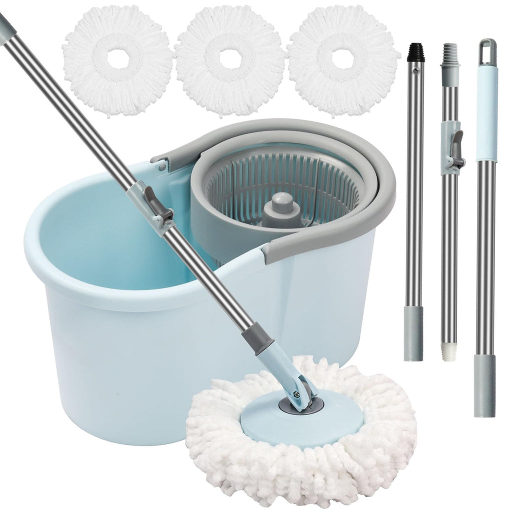 Spin Mop and Bucket with Wringer Set, 360° Spinning Mop Bucket System with 3 Microfiber Mop Replacement Heads, Adjustable Handle for Floor Cleaning (Light Blue)