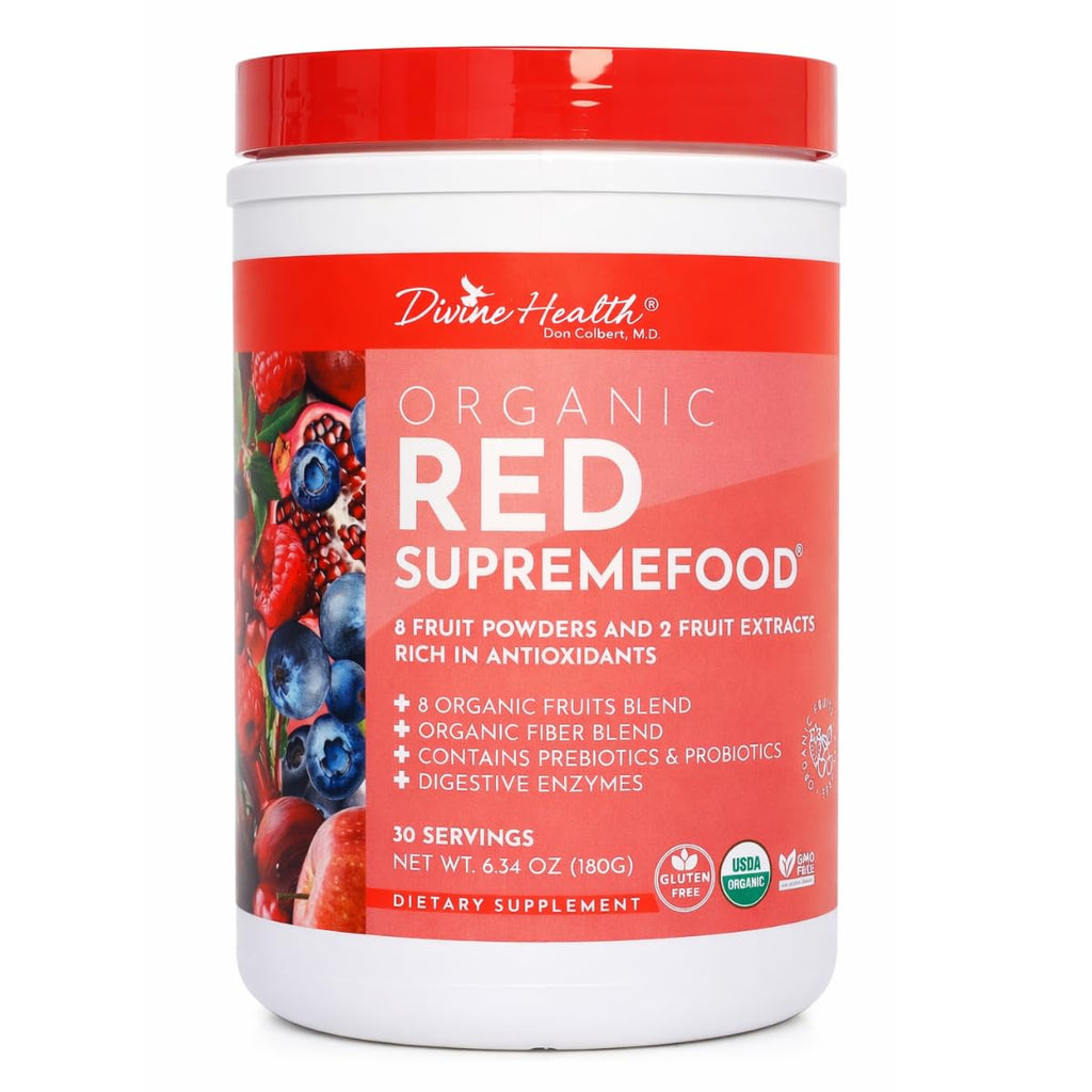 Dr. Colbert, MD Organic Red Supremefood | Berry Flavored Blend | by Divine Health | 10 Organic Fruits | Probiotics | Enzymes | Herbs | Fiber | Antioxidants | Non-GMO | 30 Day Supply | 180g