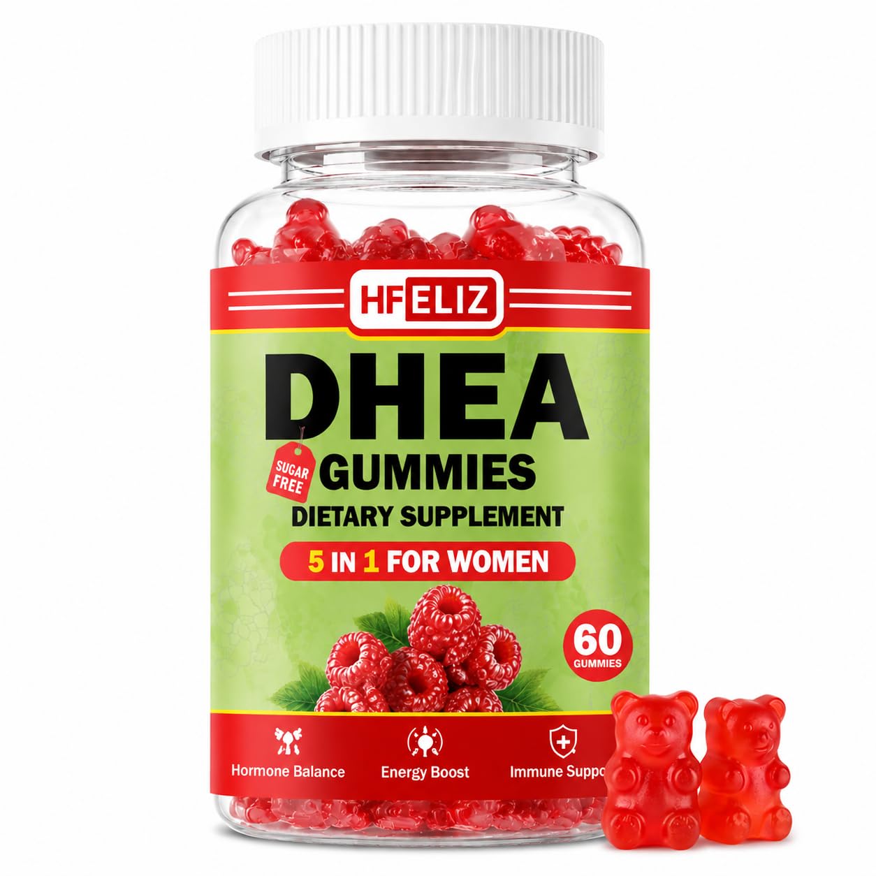 HFELIZ DHEA Supplement for Women, DHEA 25mg Gummies with B6, B12, Folate and Chasteberry for Energy Support, Vegan, Raspberry Flavor, 60 Count