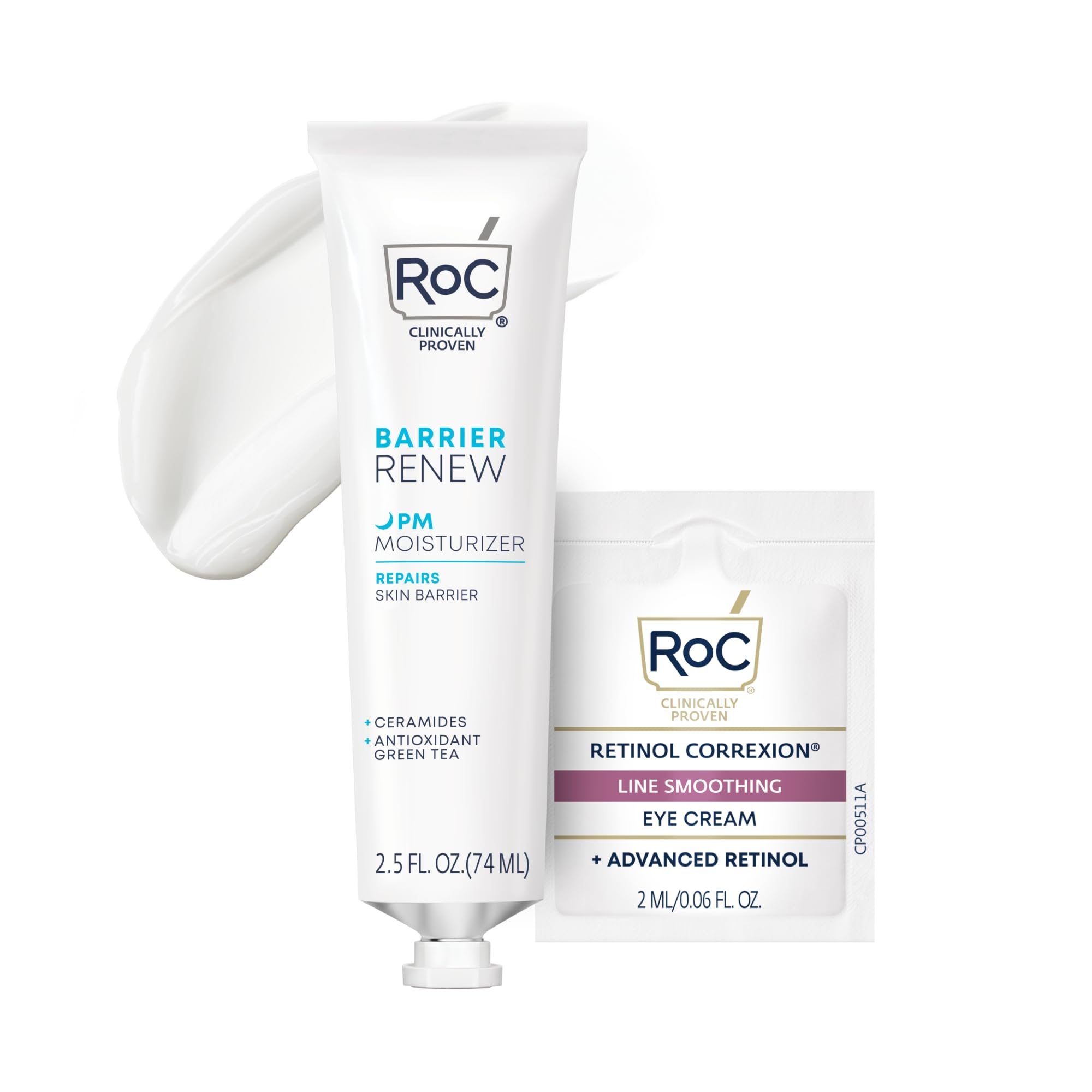 RoC Barrier Renew Night Moisturizer with Ceramides & Antioxidant Green Tea and Lipo Peptides to Renew Skin Barrier, (2.5 oz) with Retinol Eye Cream Packette