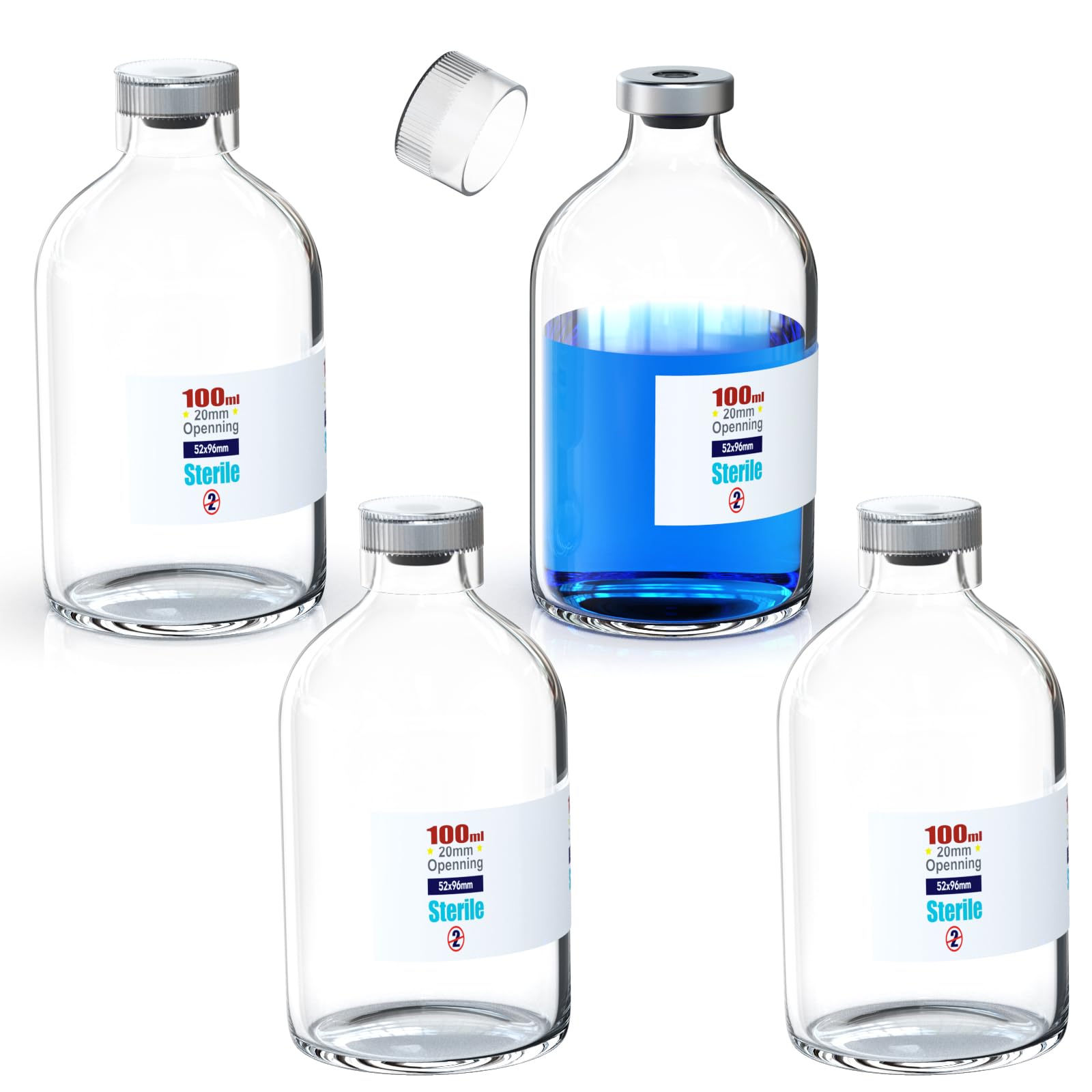 Biomed Solutions Sterile Empty Vial with Reusable Plastic Cap,Ready to Fill Glass Containers, Liquid Injection Bottle Sealed with Self Healing Injection Port (100ml Clear 4pcs)