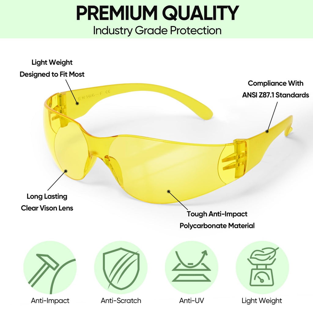 TICONN 12 Clear Safety Glasses for Men and Women, Safety Goggles with Scratch Impact Resistant Meets ANSI Z87.1 Standard (Yellow, 12 Pack)