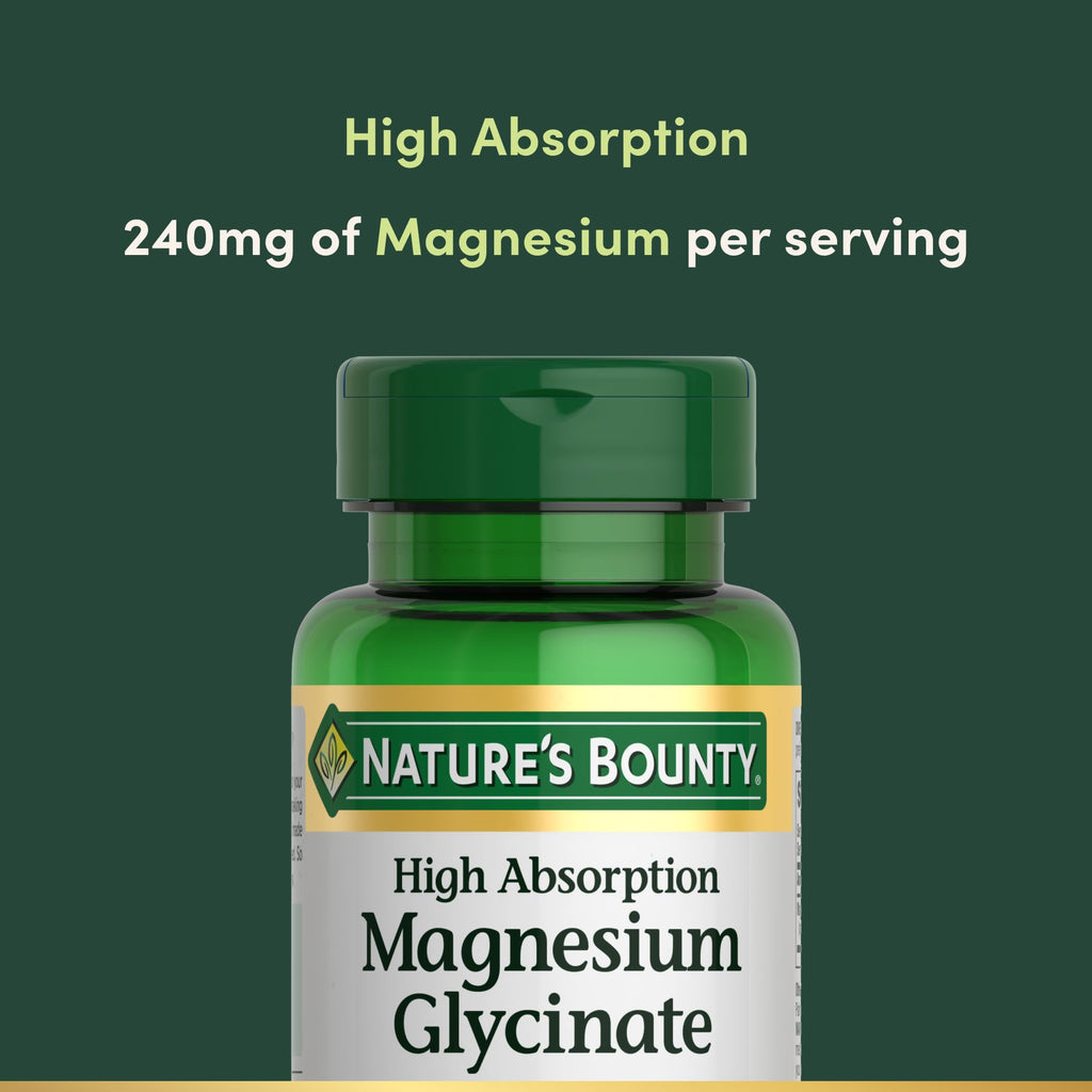 Nature’s Bounty High Absorption Magnesium Glycinate 240 mg for Supporting Muscle Relaxation and Bone, Heart & Nerve Health – Non-GMO, Gluten-Free, Vegetarian, 120 Count/60 Servings