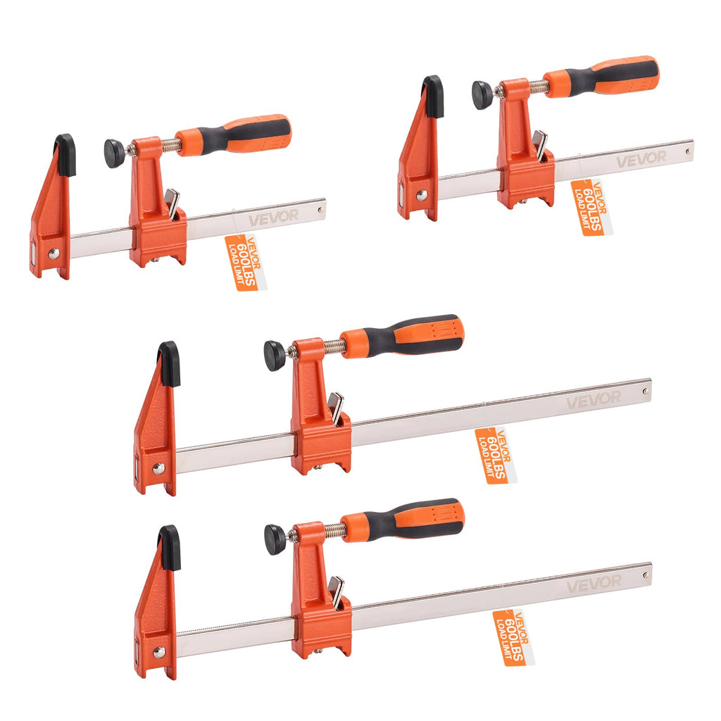 VEVOR Bar Clamps for Woodworking, 2-Pack 6 inch and 2-Pack 12 inch, Lockable F-Clamp with 600 lbs Load Limit, 2-1/2 inch Depth, Cast Iron and Carbon Steel, Wood Clamps for Woodworking Metal Working