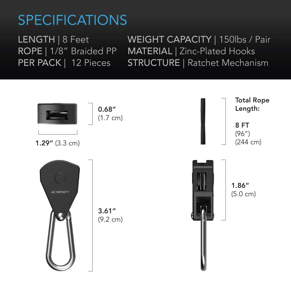 AC Infinity, Adjustable 1/8” Rope Hanger, 6 Pairs