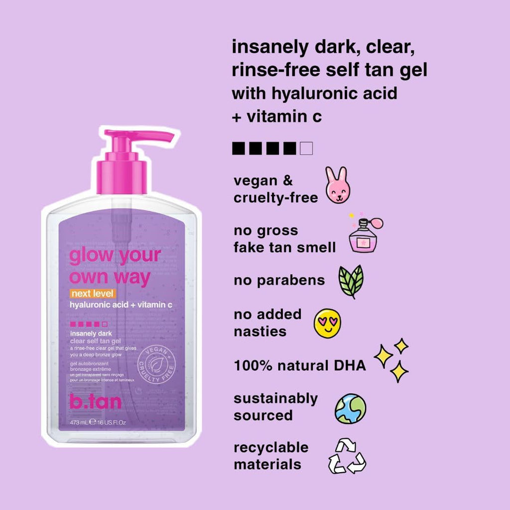 b.tan Best Clear Self Tanning Gel Kit | Glow Your Own Way Bundle - Ultra Dark, Quick Express Tanner for Face & Body with Applicator, No Transfer (Ultra Dark Gel with Mitt)