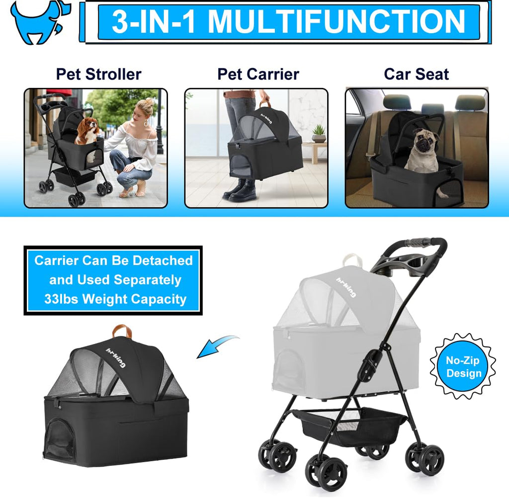 LPOTIUS 3-in-1 Pet Stroller for Small Dogs and Cats, Folding Lightweight Dog Stroller with Detachable Carrier Portable Cat Puppy Jogging Stroller with Cup Holder and Storage Basket, 4 Wheels
